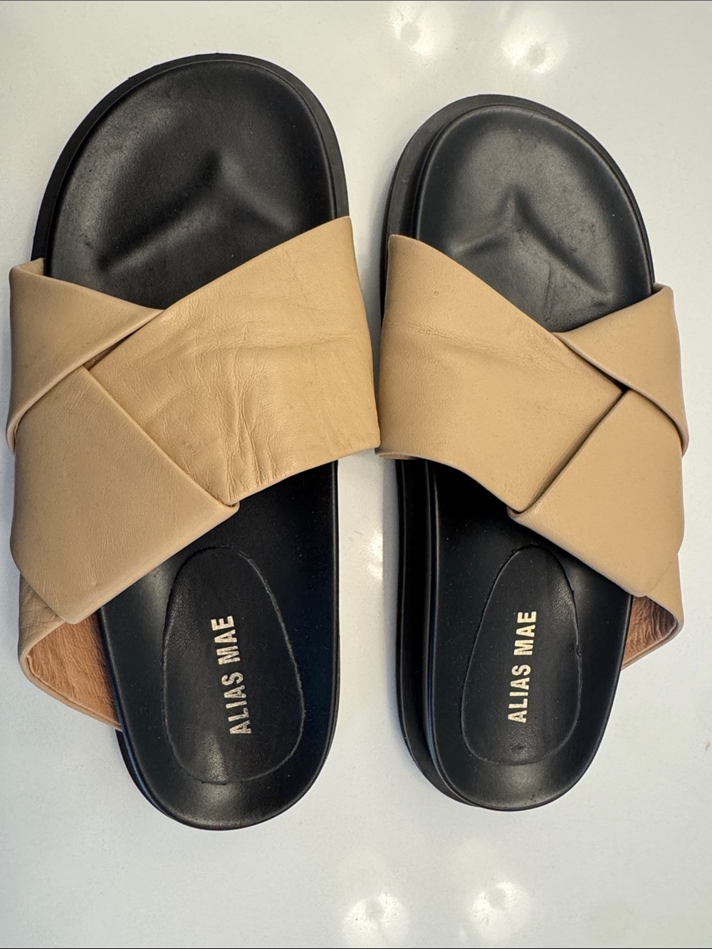 Alias Mae Tan Leather Cross-Band Slide Sandals with Black Footbed